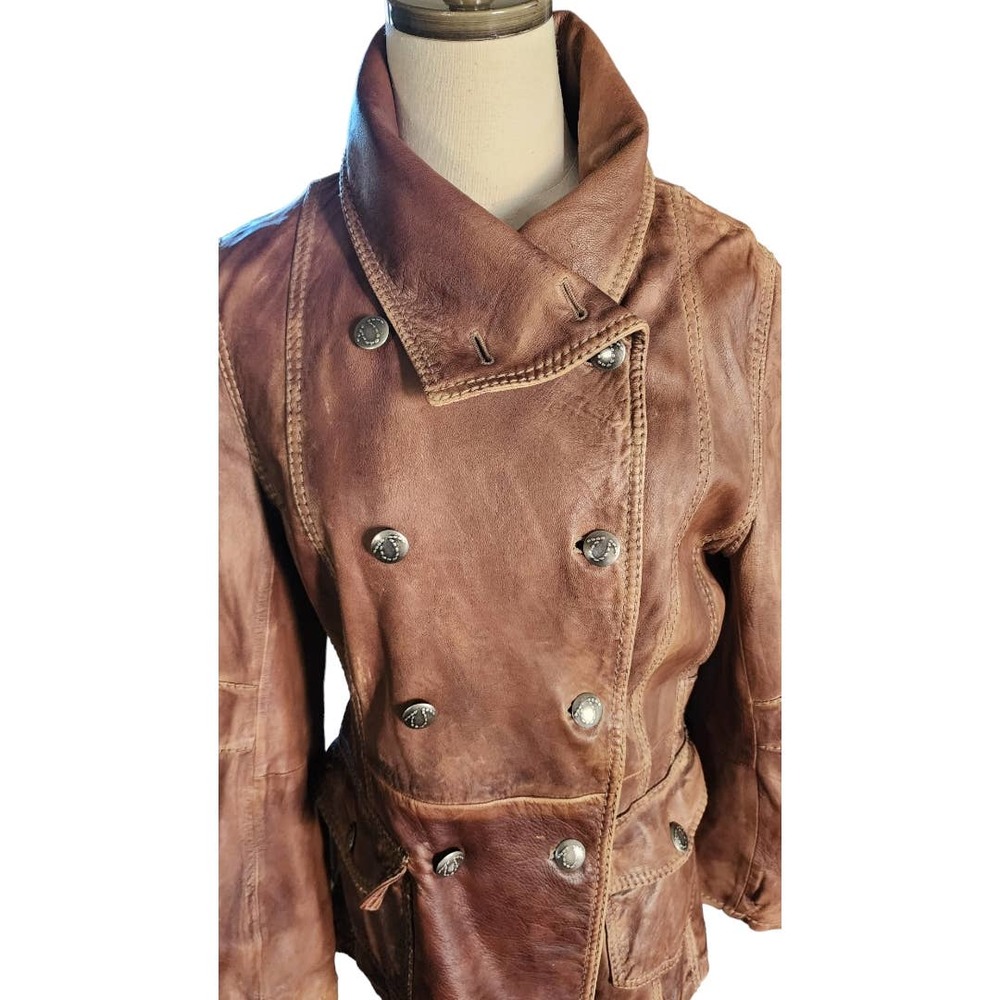 Women's Vintage Rare True Religion Jeans Leather Double Breasted Coat - Picture 2 of 11